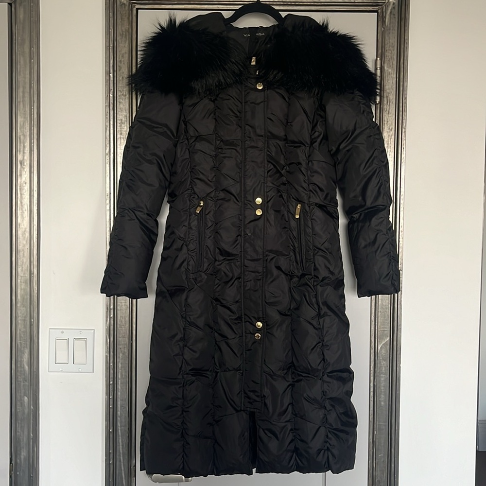 Via Spiga Women's Black Faux Fur Trim Hooded Long Puffer Coat